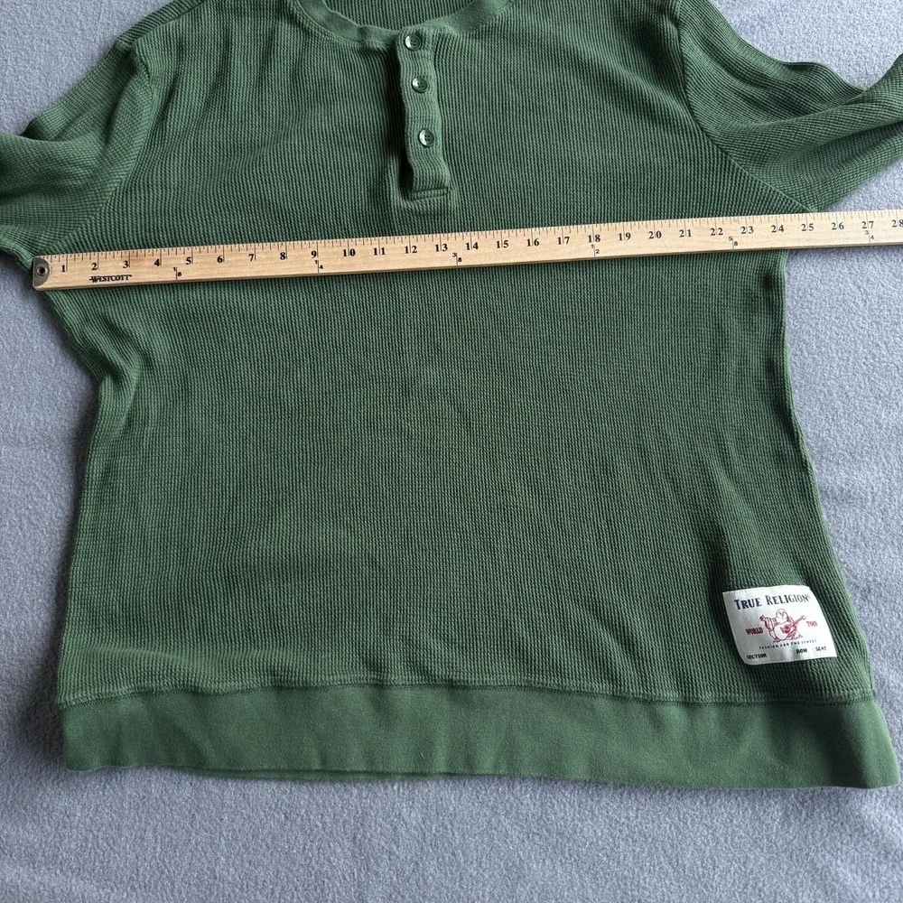 True Religion Shirt Mens 3XL Green Waffle Thermal Long Sleeve Henley Patch Logo